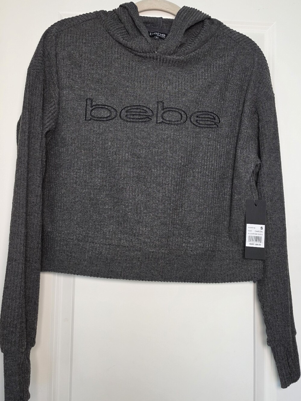 NWT Bebe Sport Rib Hoodie Women’s Small Charcoal Gray Cropped Pullover MSRP $89
